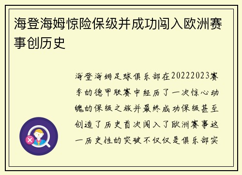 海登海姆惊险保级并成功闯入欧洲赛事创历史