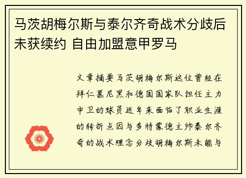 马茨胡梅尔斯与泰尔齐奇战术分歧后未获续约 自由加盟意甲罗马